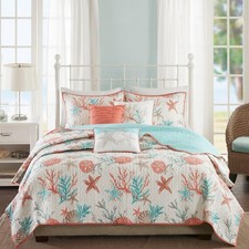 Madison Park Quilt Set Cottage Coastal Design, Starfish Print - All Season, C...