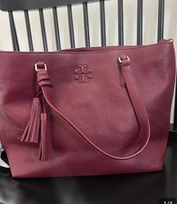 Tory Burch Thea Wine Red Pebbled Leather Tote with Tassel