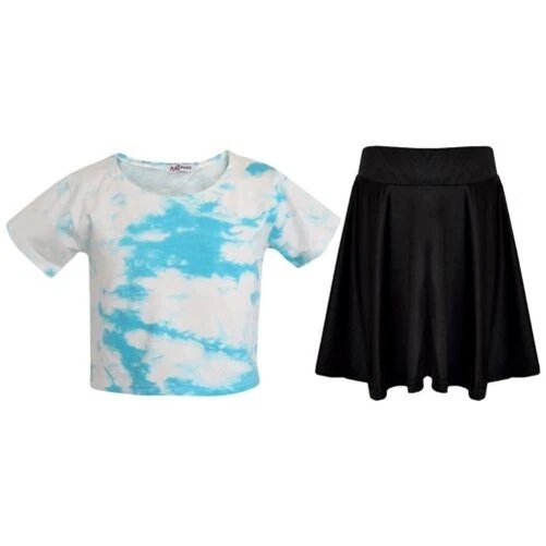 Kids Girls Crop Top & Skirt Blue Tie Dye Print Summer Outfit Clothing Sets