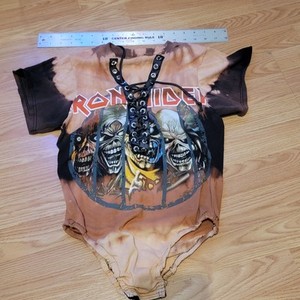 Iron Maiden Lace Up Shirt Bodysuit Womens Small Tie Dye Rock Band Tee Snaps Punk