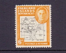 FALKAND IS. DEPS. 1948 GVI 6d THIN MAPS ' DOT IN T' SGG14a MH CAT £55