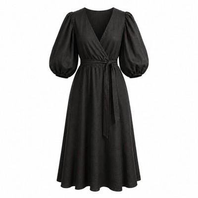 zimmermann black linen dress Zimmermann Black Linen Puff Sleeve Wrap Midi Dress Size 10 Pockets