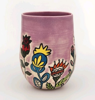 Cacti And Clay Handmade Studio Art Pottery Purple Floral Design Vase 5½'' EUC
