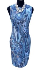 Tommy Hilfiger Dress Sz 2 Blue Black White Midi Women's Sheath Zipper Back S XS 