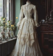 Vintage Victorian Wedding Dresses Long Sleeves Tiered Elegant Historical Lace