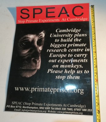 Vintage Cambridge Primate Lab Campaign A3 Poster Animal Rights Liberation SPEAC