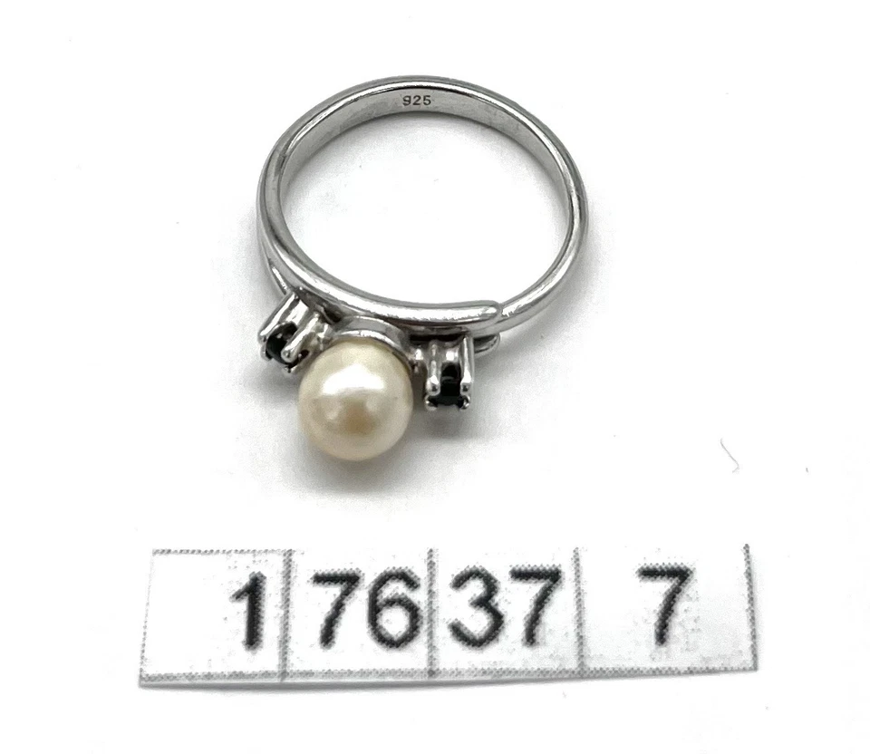 925/- Silberring, Perle, Saphire, Rund, Gr. 54, Sterlingsilber, Rhodiniert - Bild 3 von 3