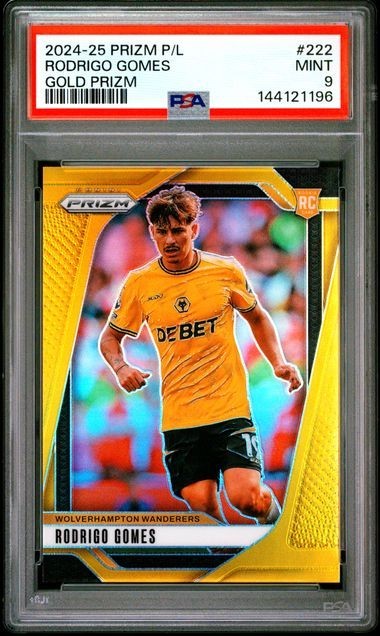 2024-25 Panini Prizm Premier League Gold Rodrigo Gomes #222 Rookie RC /10 PSA 9