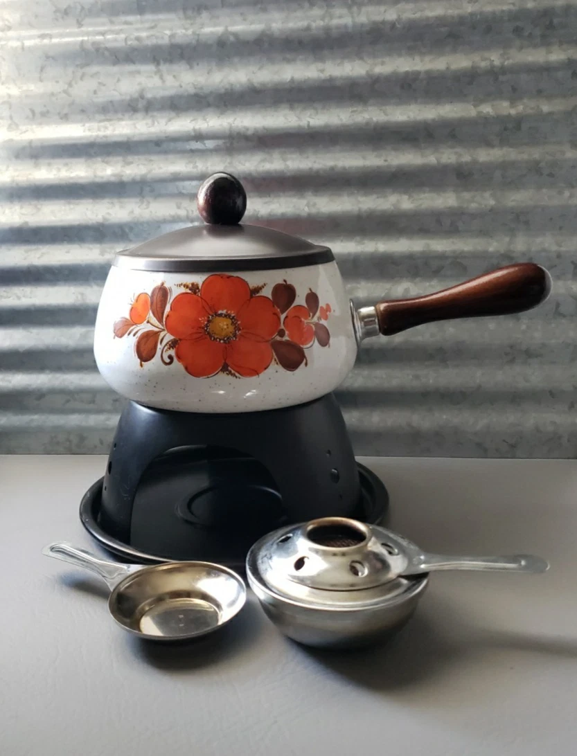 Vintage Porcelain Enamel Fondue Set Flower Floral Pattern Made in Japan NICE!!