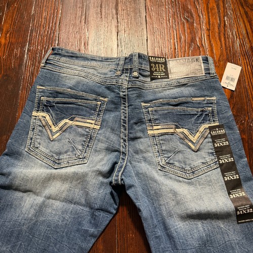 Pantalones de mezclilla Salvage Supply Co para hombre 34x32 azul caos bota elásticos descoloridos bigotes nuevos con etiquetas - Imagen 8 de 21