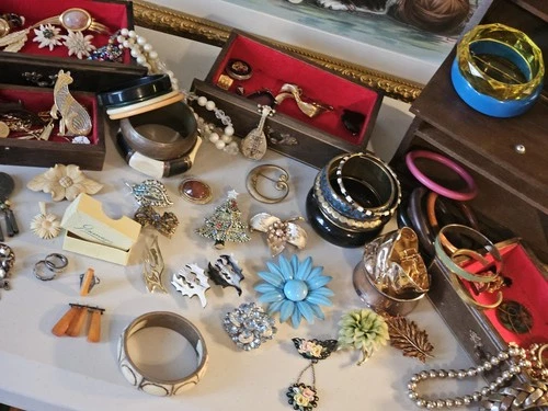 Vintage Antique Costume Jewelry Lot  with box over 70 Pieces.  Take a Peek!