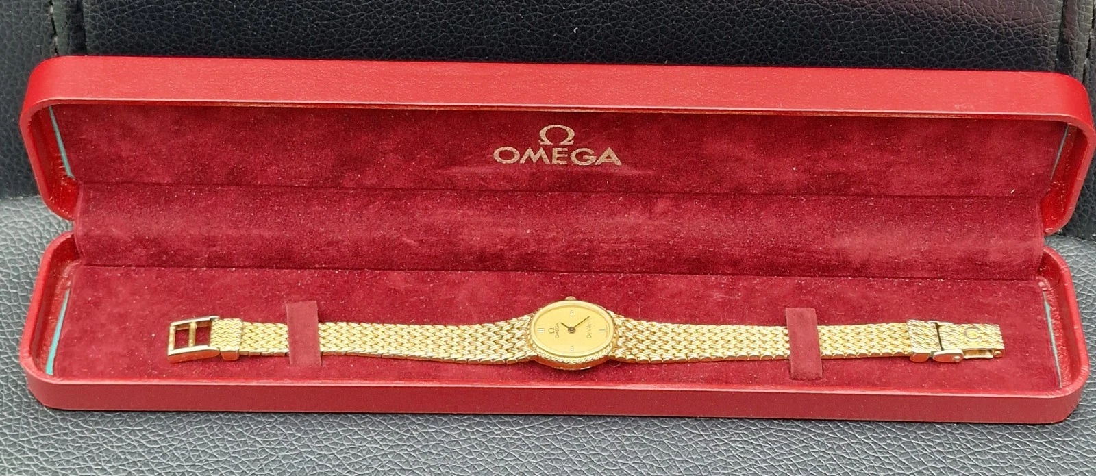 Omega — Ladies Omega DeVille Chevrons Gold Plated quartz Watch,16mm Cal 1450 Boxed.