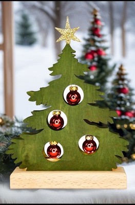 Ratags Mini Fir Erzgebirge Green Illuminated Wooden Tree with Red Balls LED