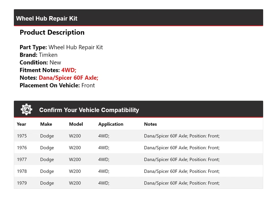 Kit de reparación de buje de rueda delantero Timken 1976 1977 1978 para Dodge W200 1975-1979 4x4 Foto 2 de 4
