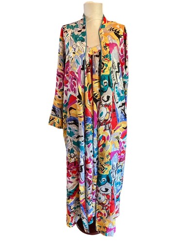 Mary McFadden Vtg Satin peignoir Set Kimono robe Full Length Chemise nightgown - Picture 2 of 9