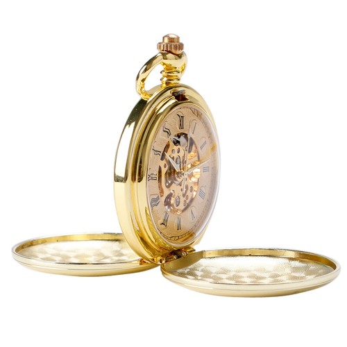 Mens Vintage Steampunk Gold Tone Skeleton Mechanical Pocket Watch Hand Wind Gift - Picture 4 of 10