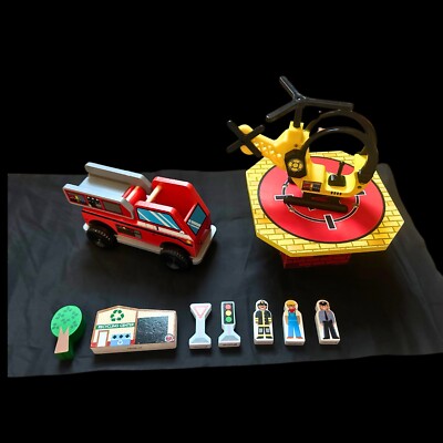 KidKraft Wooden Everyday Heroes Toy Lot, Fire Truck, Helicopter, Helipad
