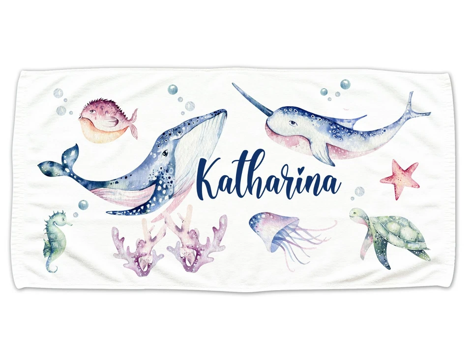 Kinder Handtuch personalisiert, Meerestiere Wal Delphin & Schildkröte, Geschenk 