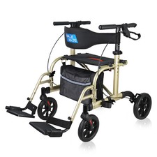 2 in 1 Folding Medical Rollator Aluminum Transport Chair Adjustable Handle Gold