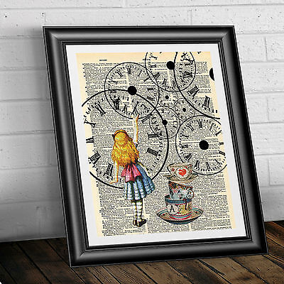 Alice in Wonderland Original Art Print Wall Decor on Antique Page