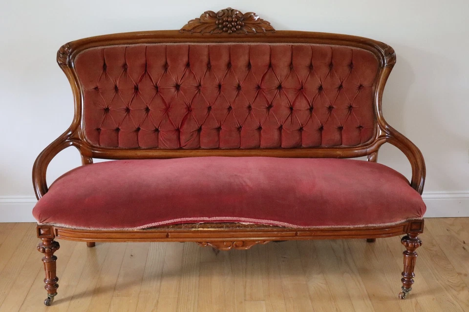 Antique Victorian Carved Grapes Walnut Tufted Parlor Sofa + Three Parlor Chairs - Image 2 of 4