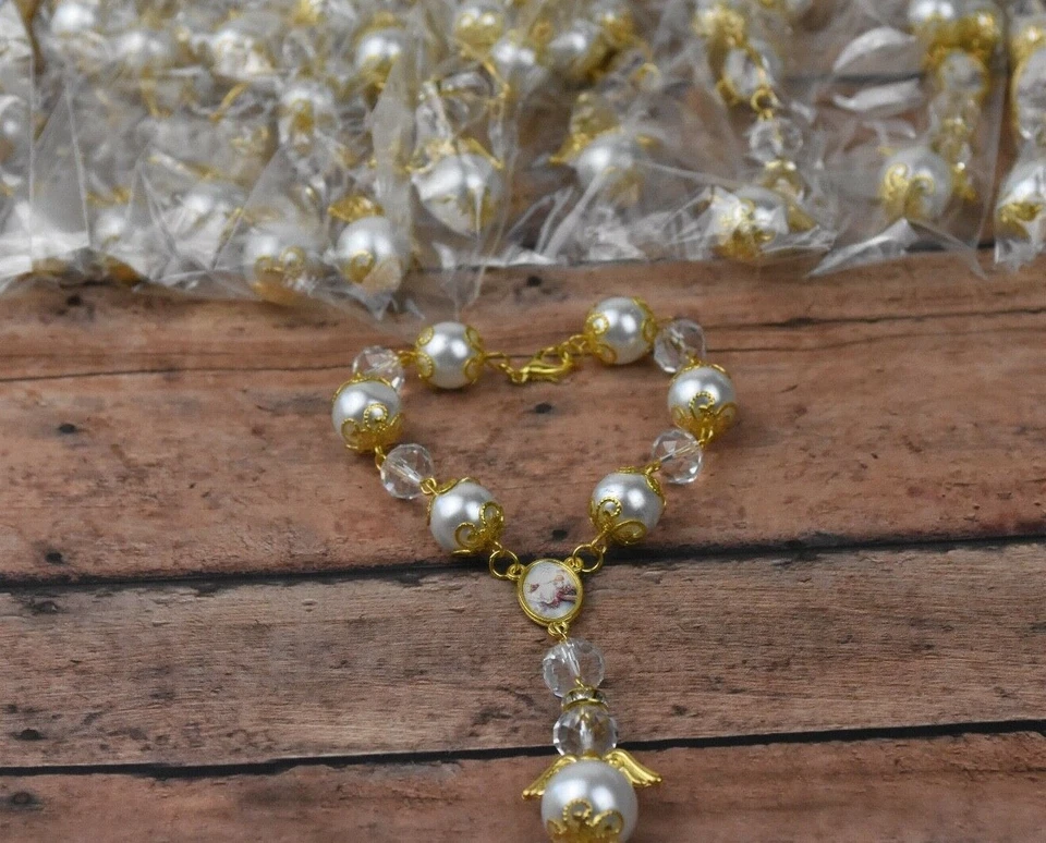 12 X ROSARIES BAPTISM FAVORS RECUERDOS BAUTIZO PARTY WHITE CLEAR GOLD BEADS - Image 2 of 4