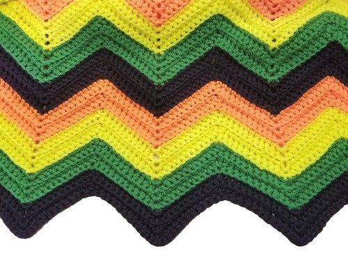 Handmade 83x67 Crochet Chevron Throw Blanket Afghan Fall Orange Yellow Green VTG - Picture 5 of 5