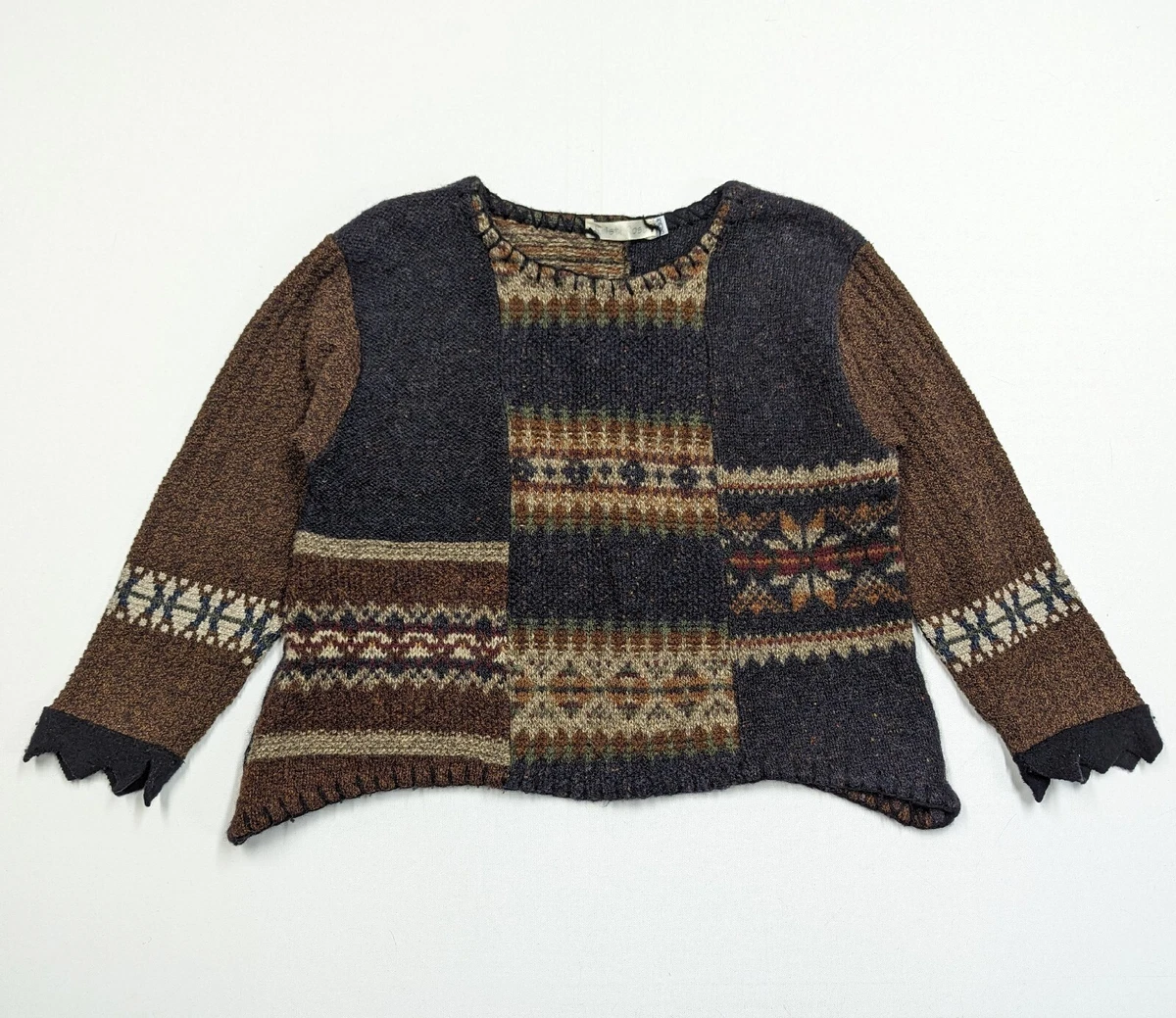 VTG Kristi Rose Brown Wool Sweater One Size Nordic Hand Made in USA Patchwork
