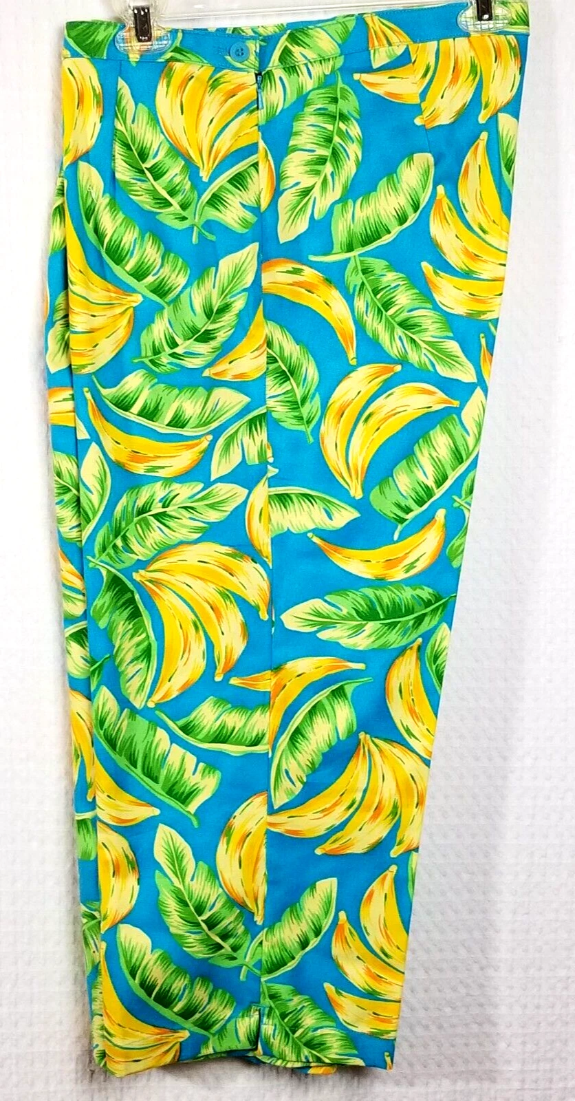 Pappagallo Women's Tropical Blue Banana Print Capris w Side Button Size 16