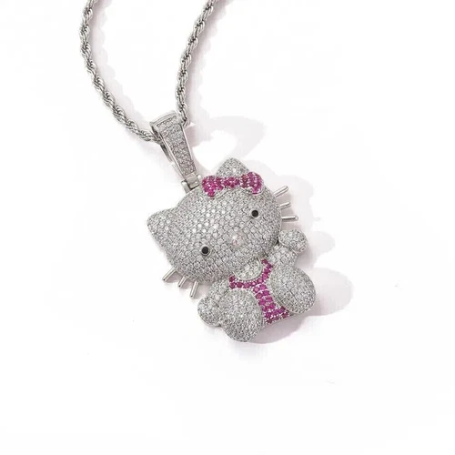 2Ct Round Cut Real Moissanite Cartoon Hello Kitty Pendant 14K White Gold Plated