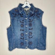 Women’s Jean Denim Vest Petite Medium Beaded Flashback. Q