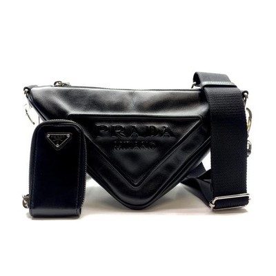 AUTH PRADA 1BH190 TRIANGLE LEATHER SHOULDER BAG CROSSBODY BLACK MEN'S POUCH F/S