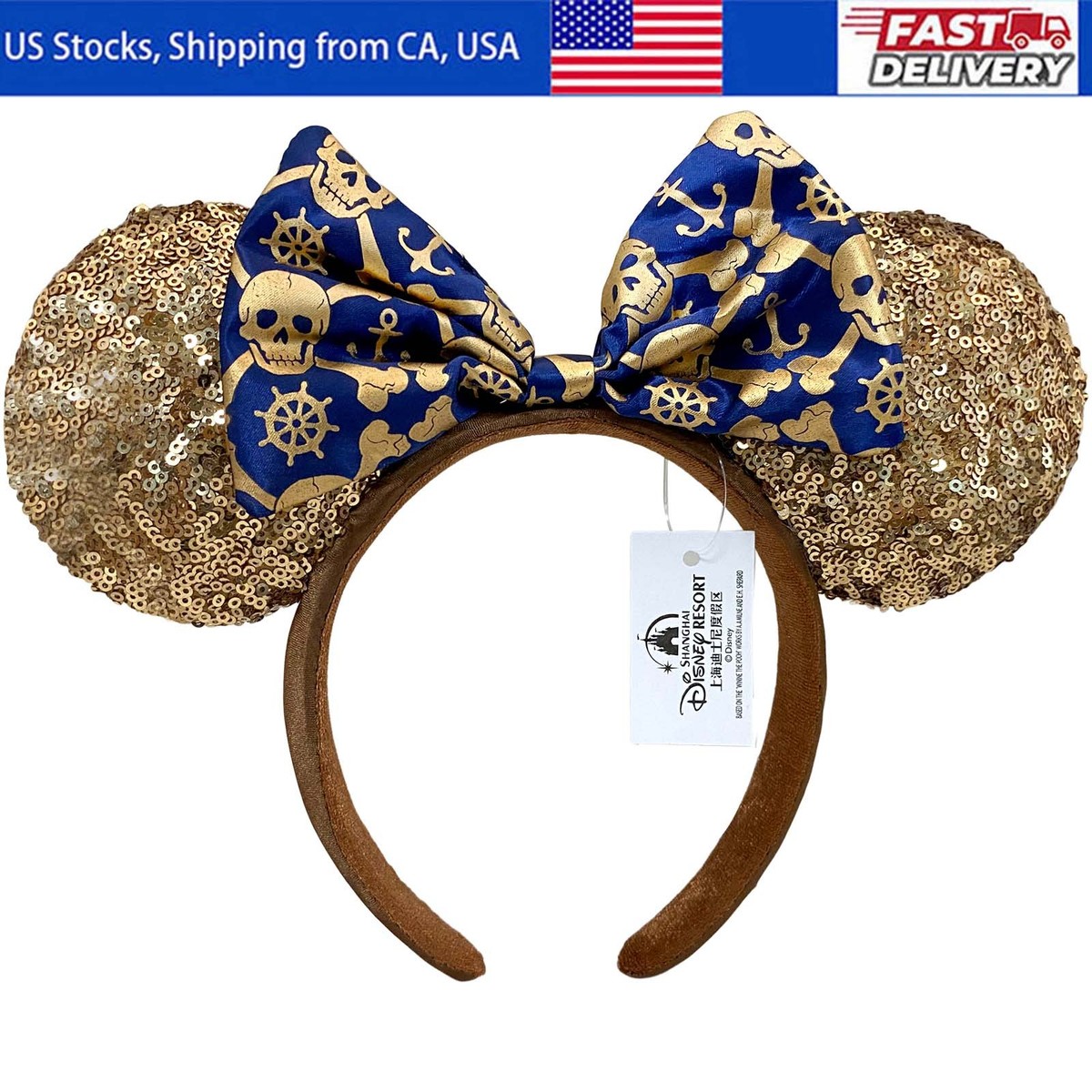 Disney Parks Minnie Mouse Gold Sequin Headband Navy Blue Bow Ears DisneyParks Gold Sequins Bow Minnie Mouse Ears Blue Mickey  main image 3