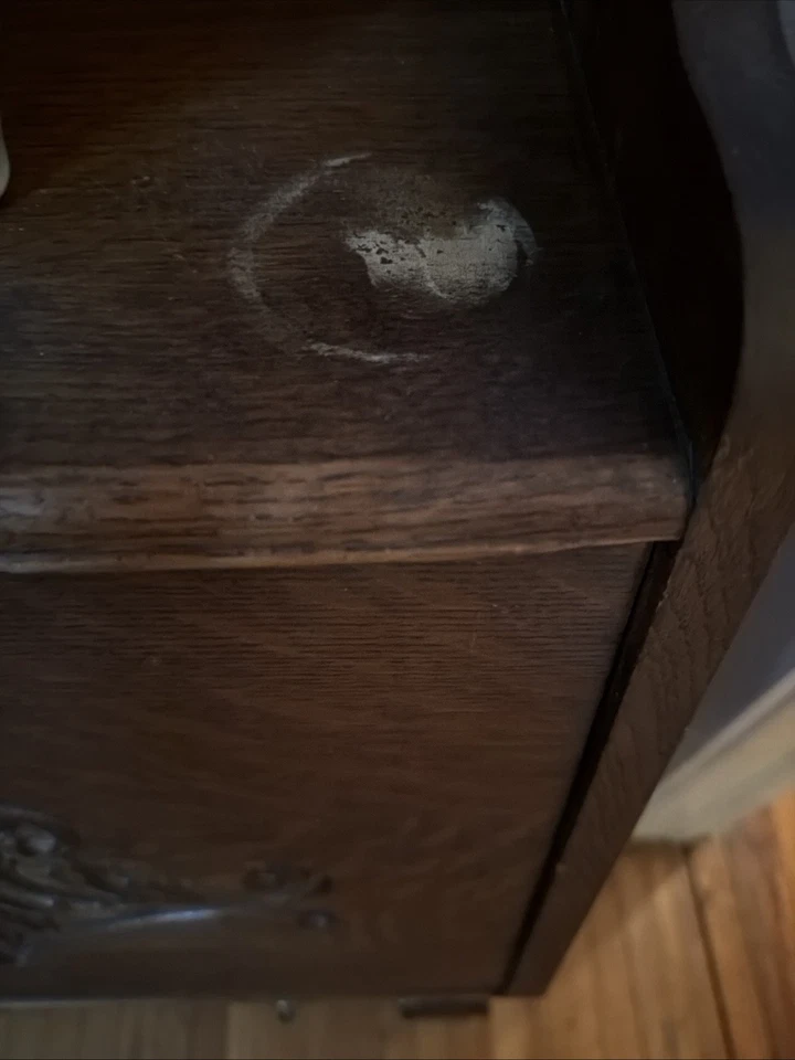 Antiguo espejo de escritorio de secretaria de roble tallado y biselado  Foto 3 de 4