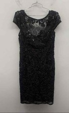 Adrianna Papell Women's Black Beaded Sequin Lace Sheath Cocktail Dress Size 8