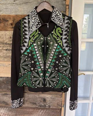 Women’s Black & Green Rhinestone Western Show Shirt with Vest/Overlay, Zip Fron - Photo 1/4