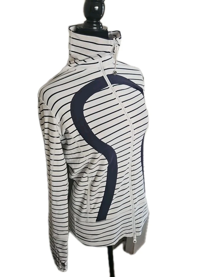 Chaqueta Lululemon Mujer Azul Y Blanco Larga Lenth Cuello Alto Rayas Stride 6 Foto 4 de 4