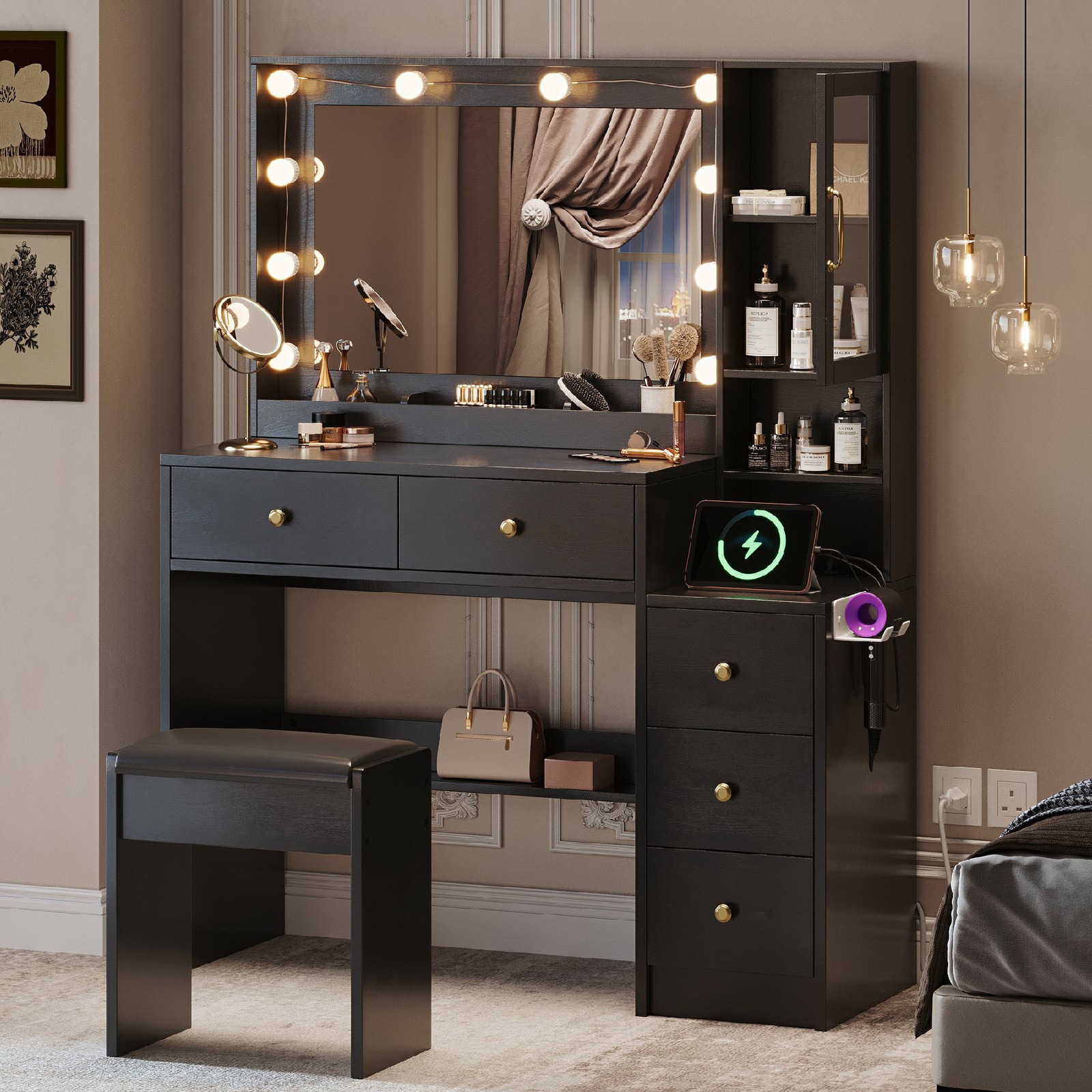 White /Black Makeup Vanity Desk with Mirror and Lights Stool Drawers for Bedroom
