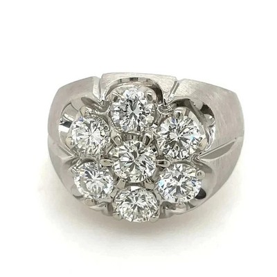 3CT Round Cut Real Moissanite Cluster Men's Wedding Ring 14k White Gold Plated
