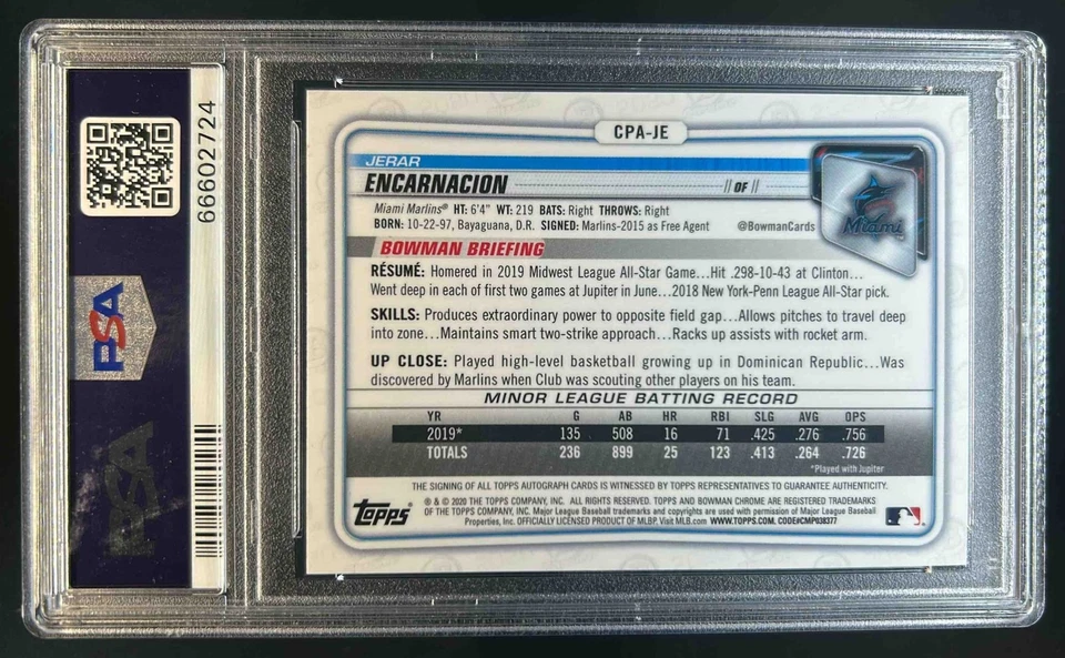 2020 Bowman Jerar Encarnacion Chrome Prospect Auto Green Refractor #79/99 PSA 9 - Image 2 of 2