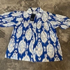 Crown Ivy Blue White Ikat Print Button Front Blouse Top Womens Large Puff Sleeve
