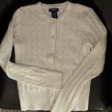 Chaps Girls White Cable Knit Cardigan Sweater 100% Cotton Button Front M 8-10