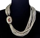 Milk Glass Multi Strand Vintage Necklace Intricate Flower Clasp 23"