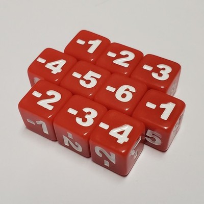 10x Red Negative Micro CCG Stats and Damage Modifier 10mm Dice (-1 to -6)