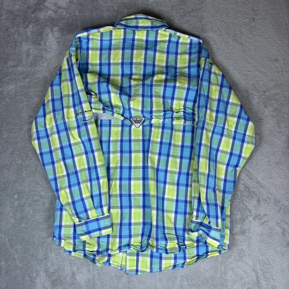 Columbia PFG Shirt Men XL Super Bonehead Blue Green Plaid Long Sleeve Omni-Shade - Image 2 of 4