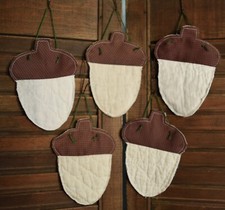 Primitive 5 Acorns Hanging Flat Ornaments Fall Autumn D cor 4.75" Tall