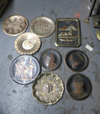 LOT  9 VINTAGE MIXED METAL BRASS EGYPTIAN ART WALL HANDMADE TRAY PYRAMID SPHINX