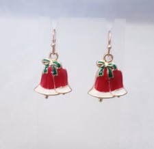 Enameled Holiday Christmas Bell Gold Tone Dangle Pierced Earrings