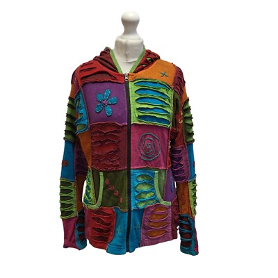 Vintage Patchwork Jacke Mehrfarbig Kapuze Full Zip Damen UK Größe XL AA973