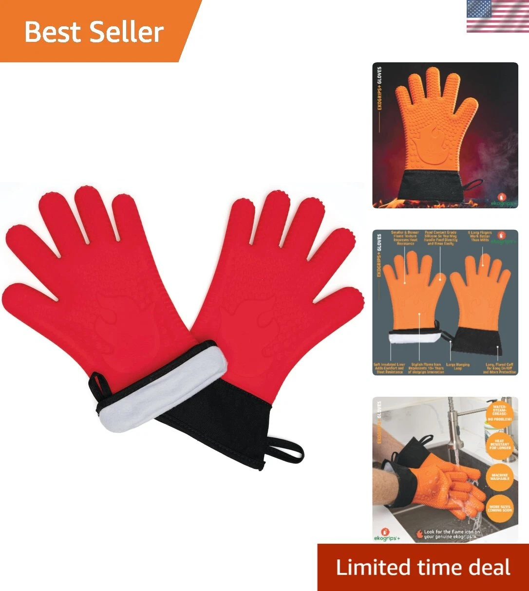 Ekogrips+ Red Silicone Oven Gloves with Fingers - Waterproof & Heat Resistant